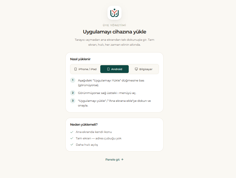 “Uygulamayı cihazına yükle” ekranı: iPhone / Android / Bilgisayar yönergeleri