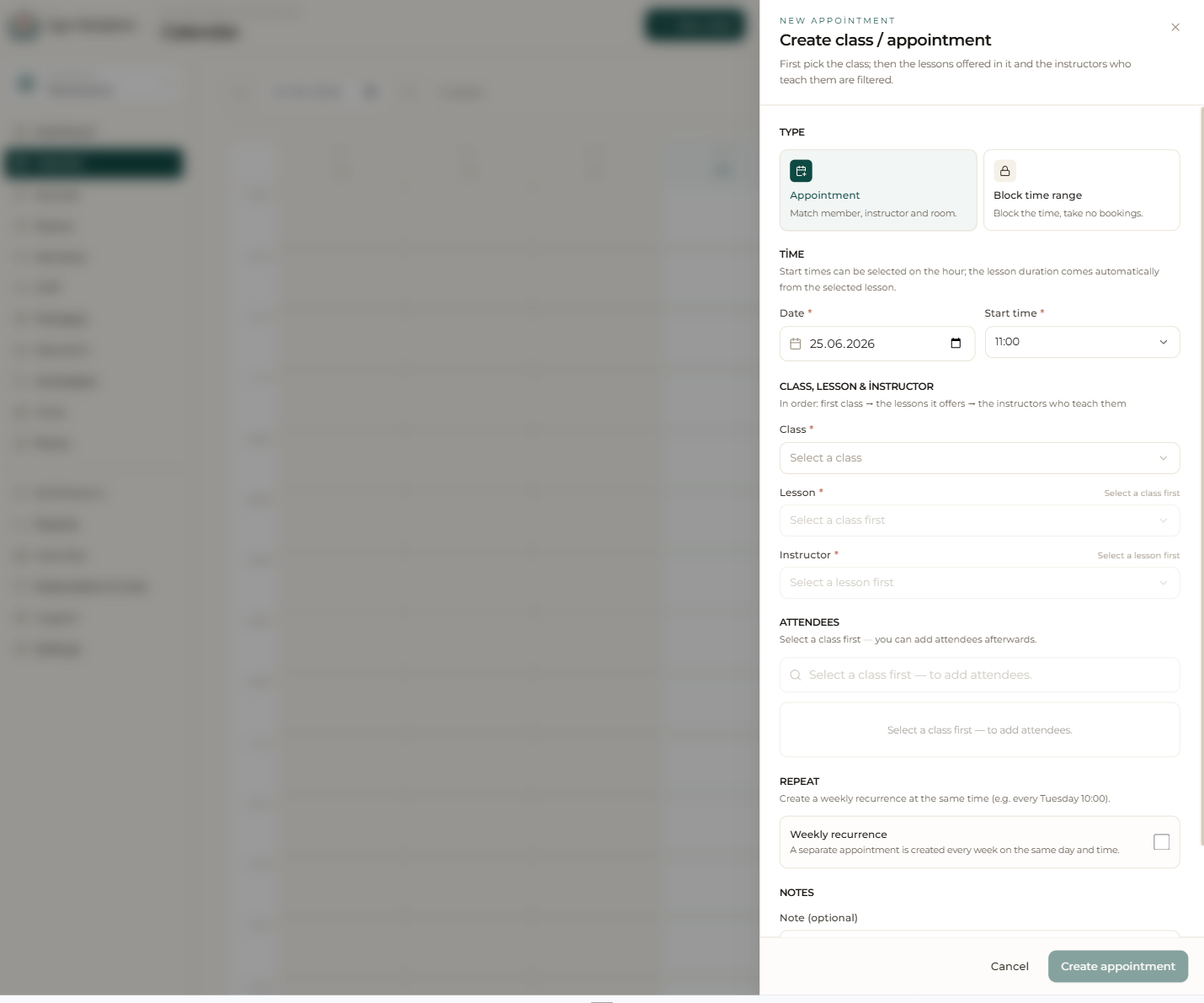 “Create appointment”: type, time, class/lesson/instructor, attendees and weekly recurrence