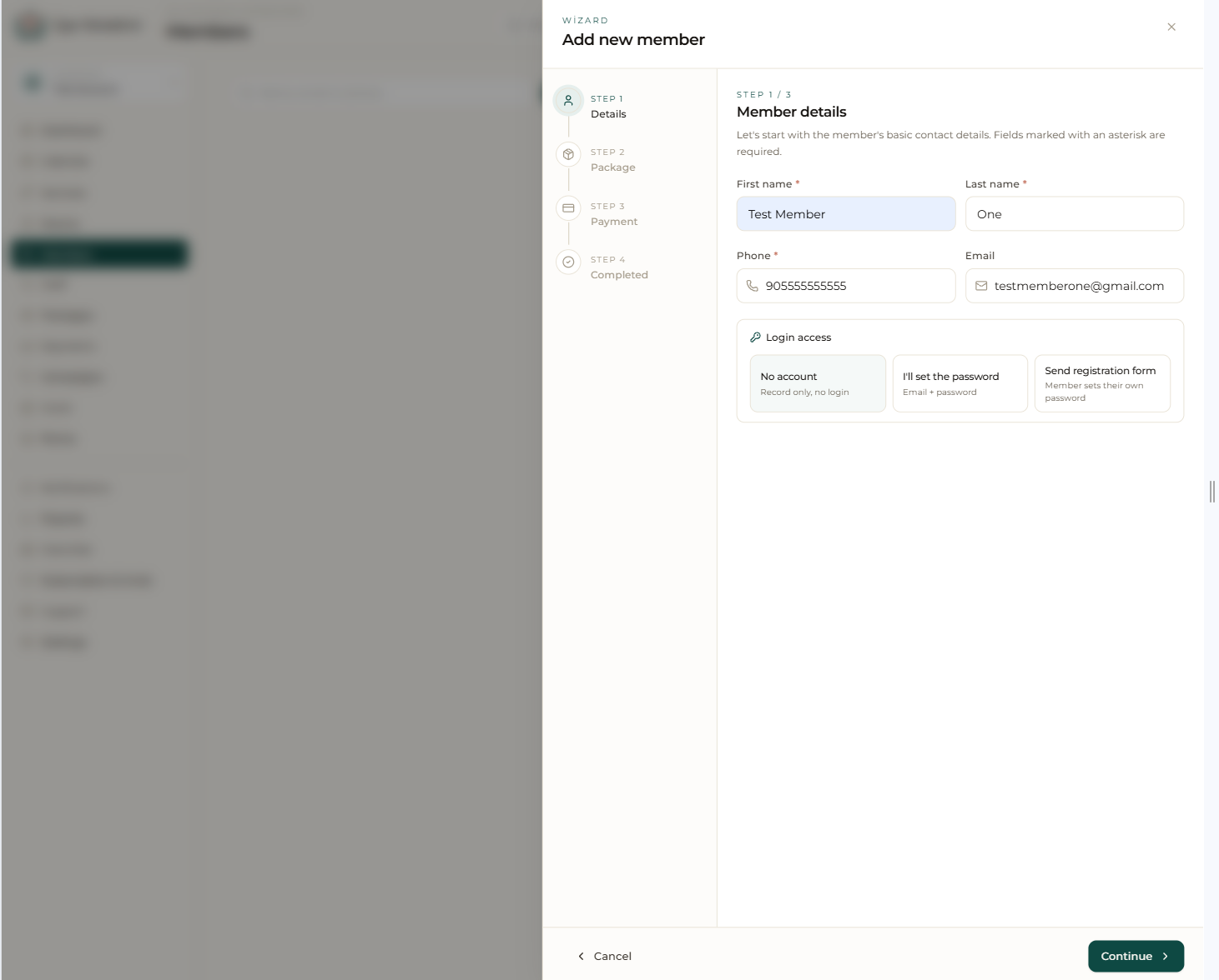 Wizard step 1: member details and the “Login access” options