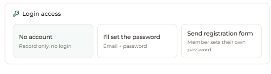 Login access — “No account”: a record-only member with no login