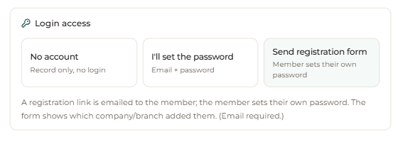 Login access — “Send registration form”: the member sets their own password by email