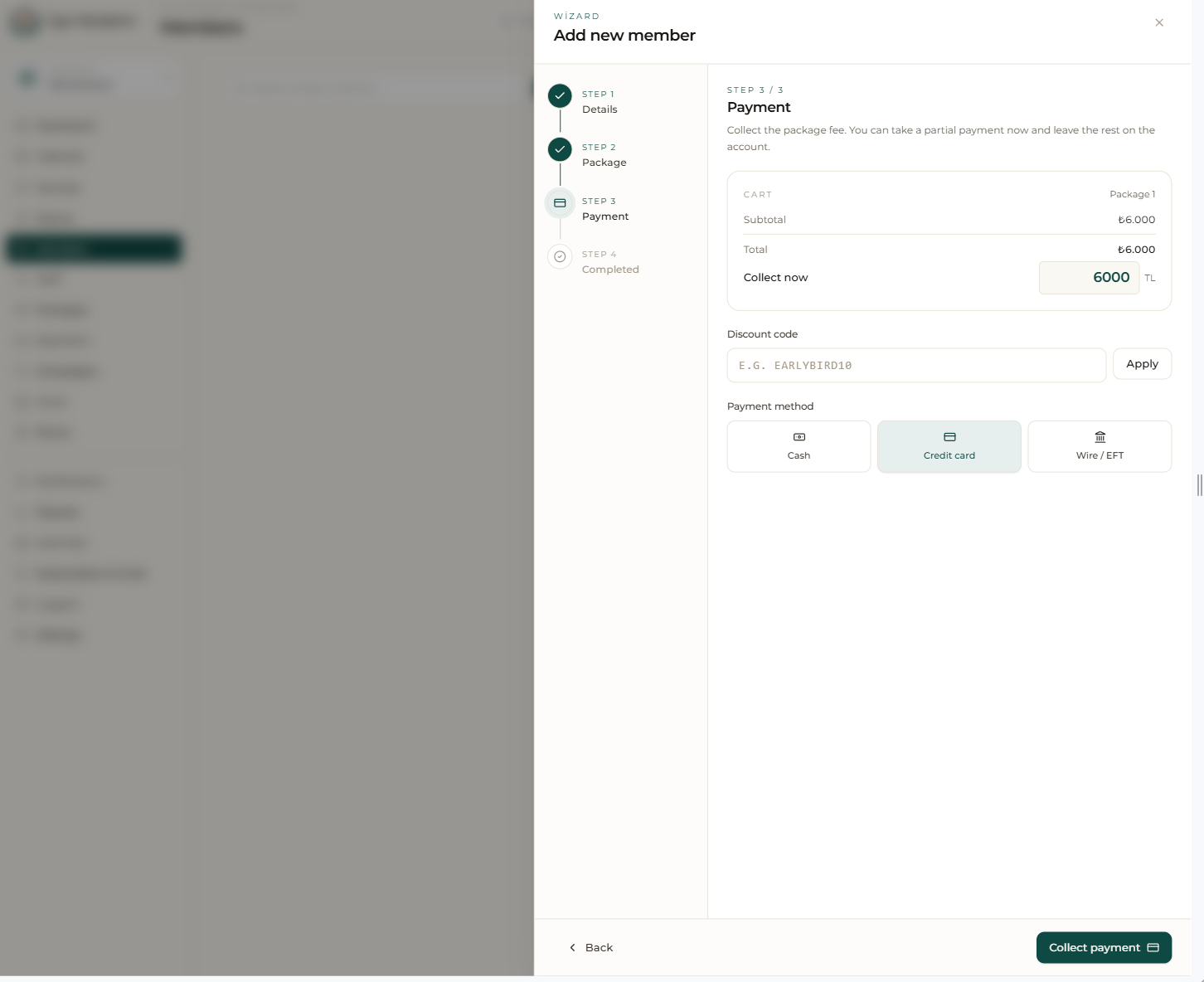 Wizard step 3: collect the fee in full or in part and pick a payment method