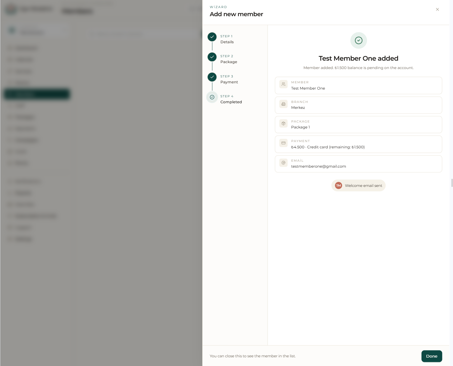 Wizard step 4: confirmation summary with the remaining balance and welcome email
