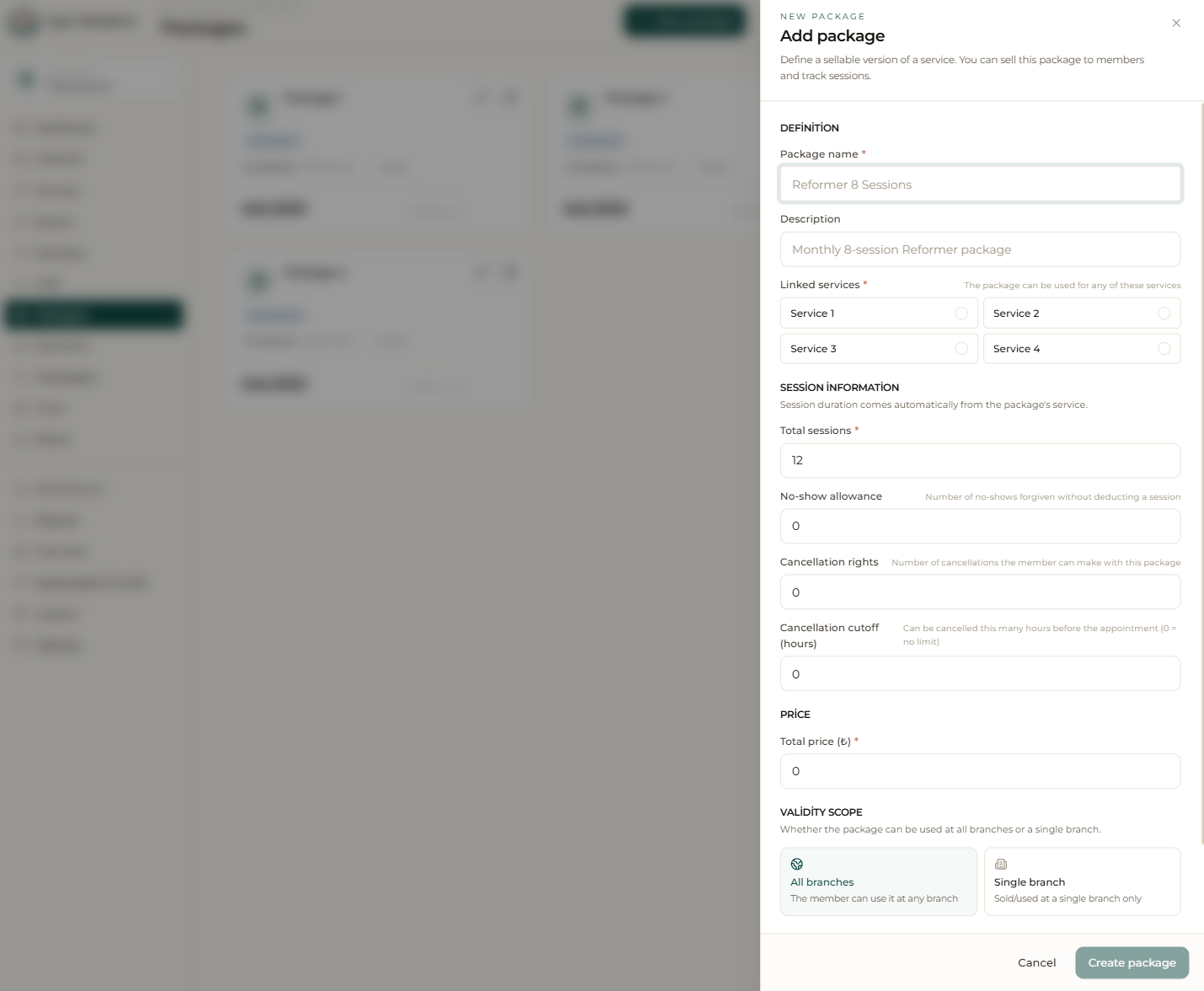 “Add package” drawer: linked services, session count, cancellation rules, price and branch scope