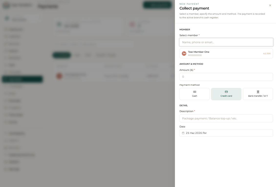“Collect payment” drawer: select member, amount, method and description
