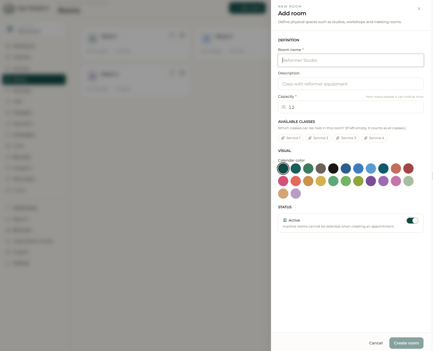 “Add room” drawer: name, capacity, available classes and calendar color