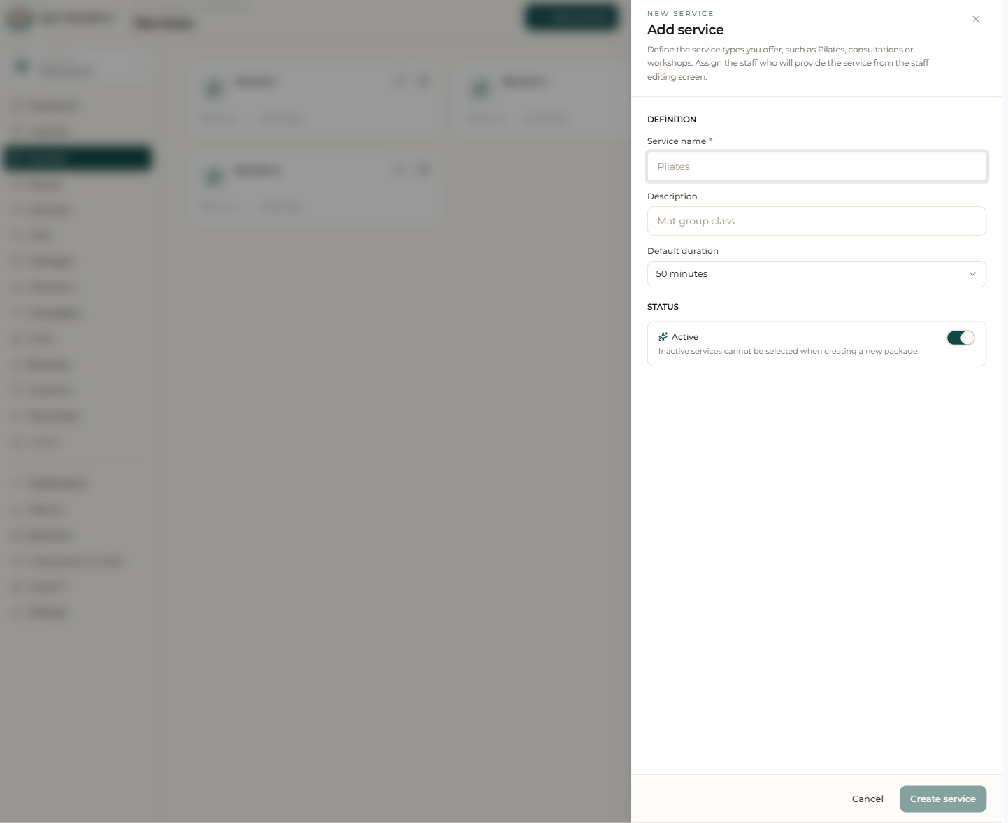 “Add service” drawer: name, description, default duration and active status
