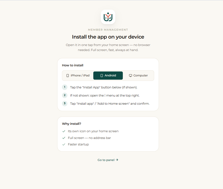 The “Install the app on your device” screen with iPhone / Android / Computer instructions