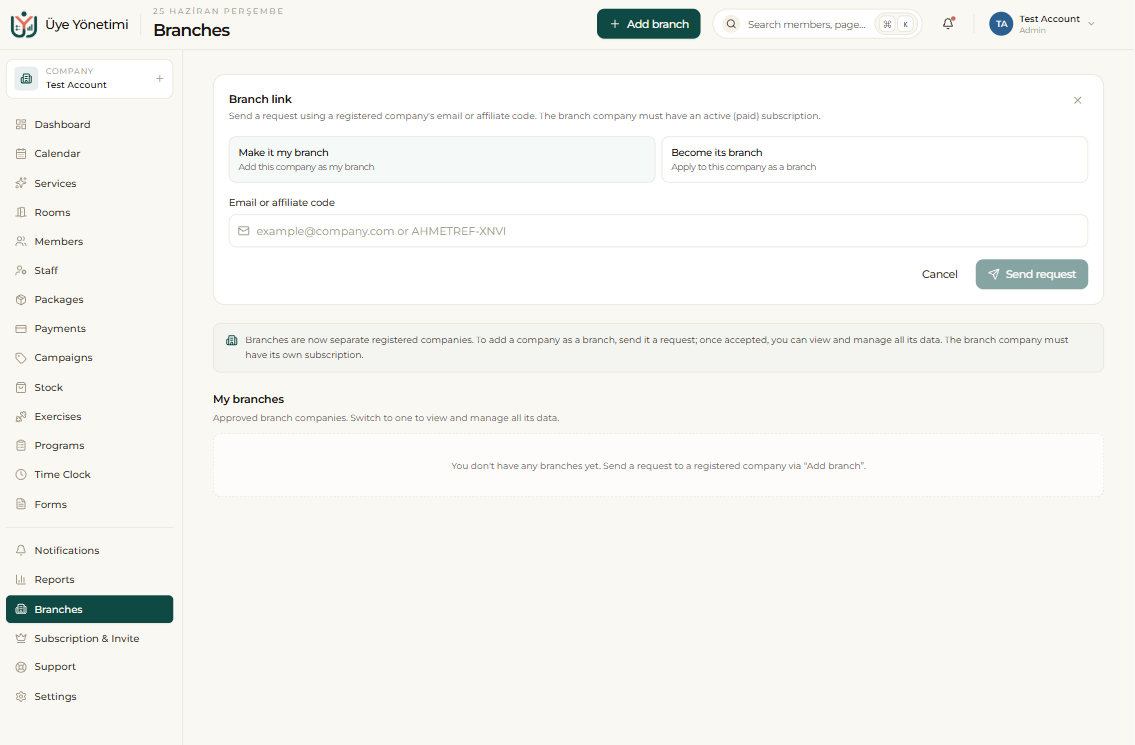 The Branches page: send a branch-link request by email or affiliate code