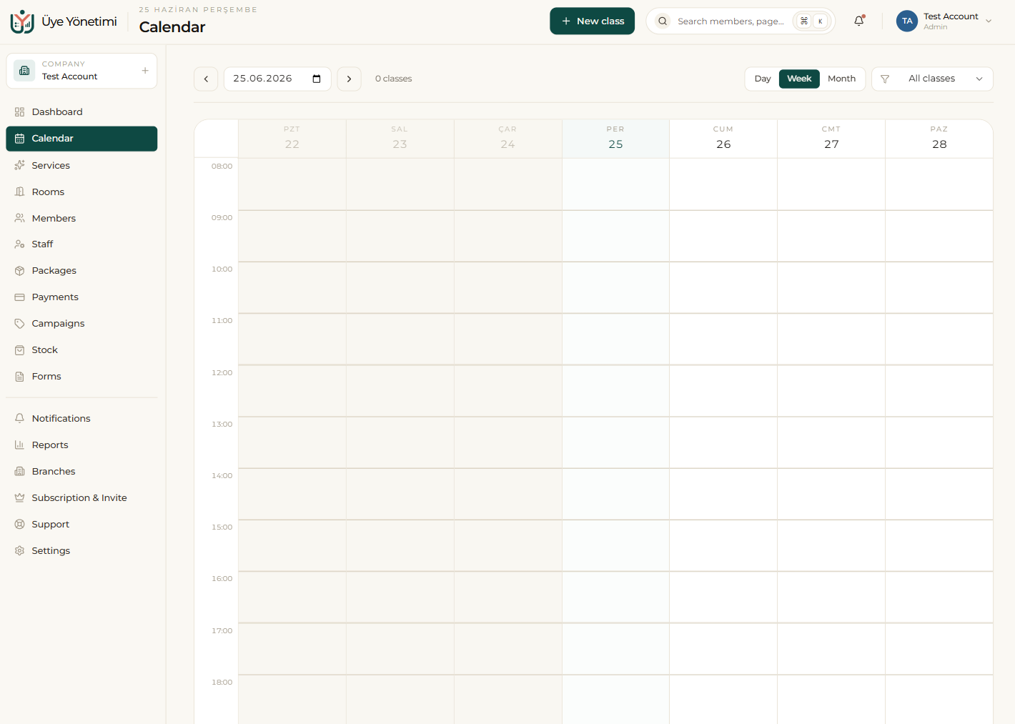 The calendar in week view with Day/Week/Month switch and a class filter