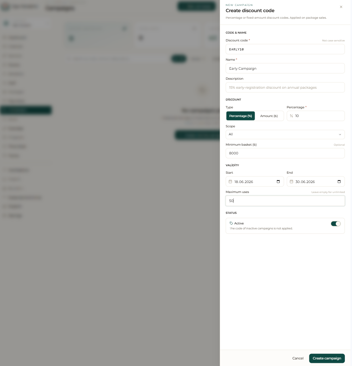 “Create discount code”: code, type (percentage/amount), scope, validity and max uses