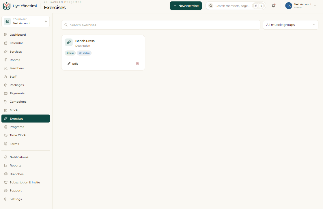 The Exercises page: library cards with muscle group and a video badge