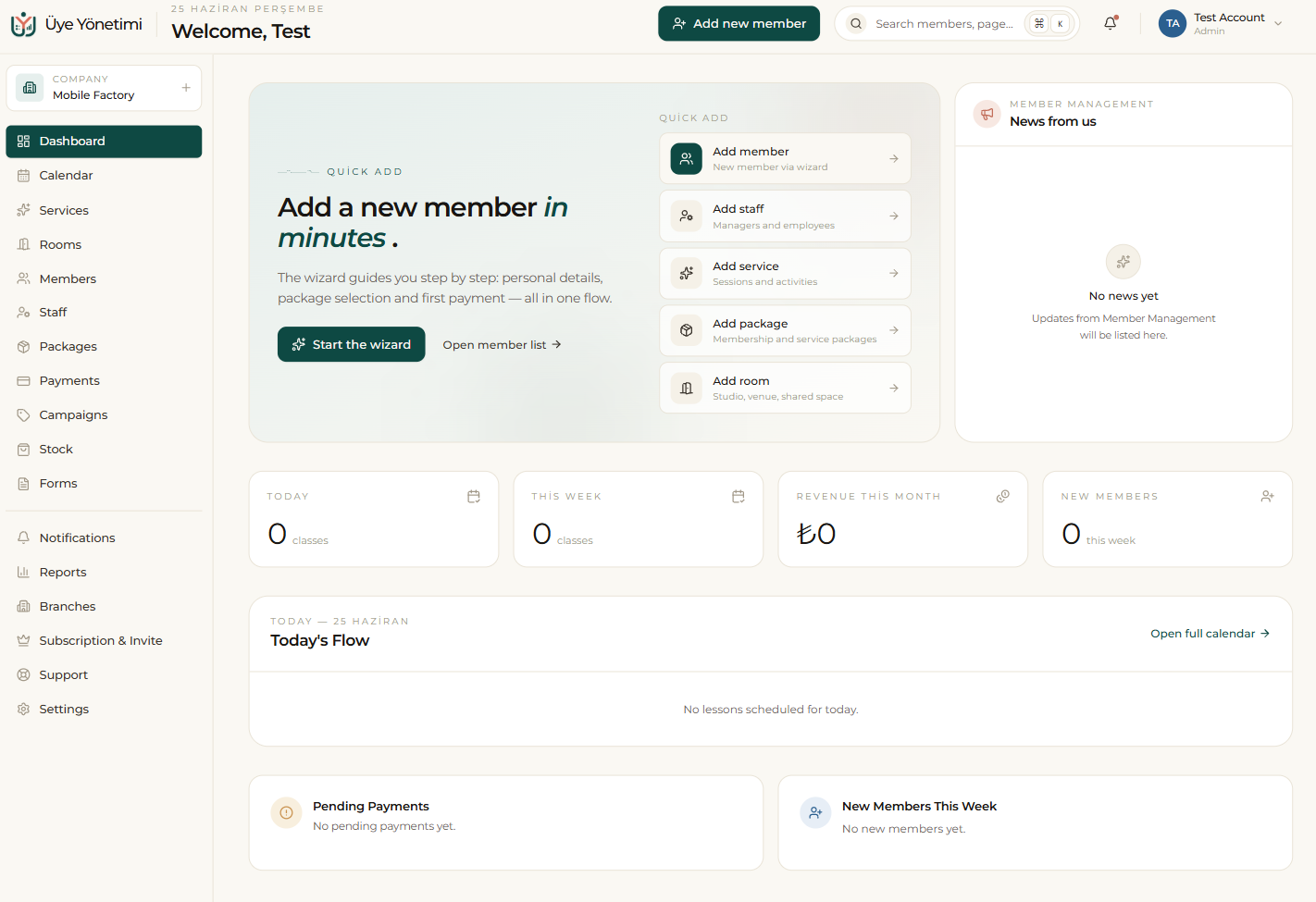 The dashboard: quick add, today’s figures and the day’s flow at a glance