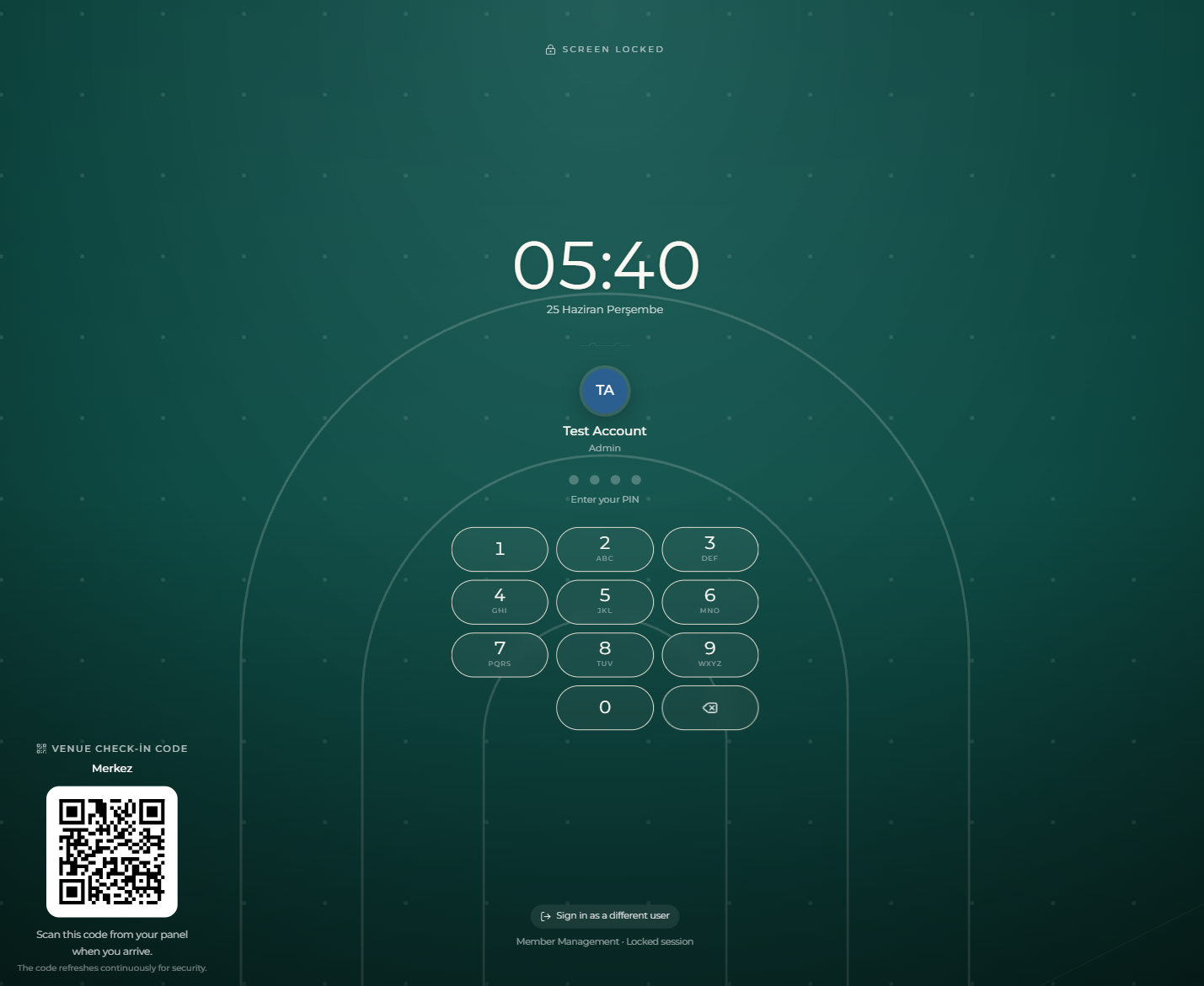 The QR code on the lock screen: staff scan it to clock in/out, members to mark class attendance