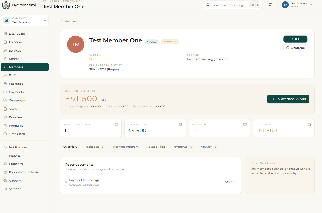 The member card: account balance, payment totals and the Overview/Packages/Payments tabs