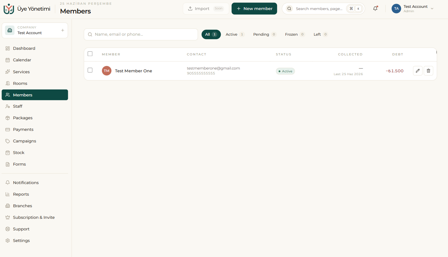 The Members list with All / Active / Pending / Frozen / Left filters and collected/debt columns