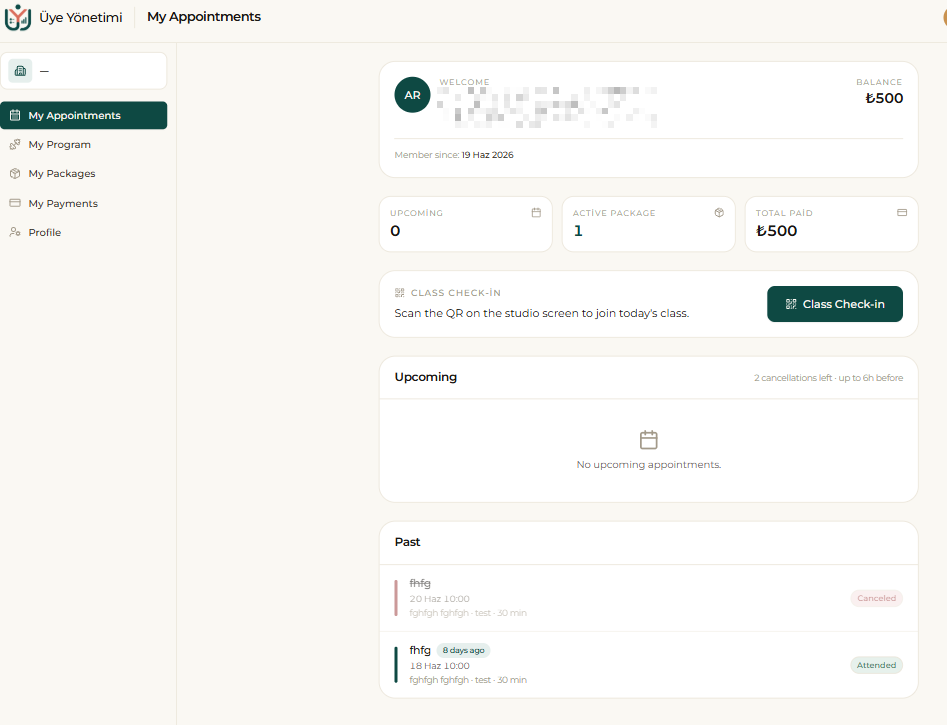 Member portal › My Appointments: balance, “Class Check-in”, upcoming and past appointments (Attended / Canceled)