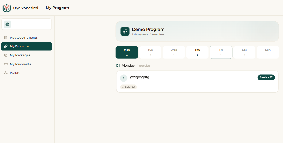 Member portal › My Program: the assigned workout program with per-day tabs, sets × reps and rest