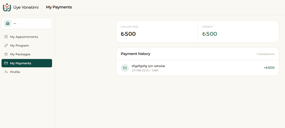 Member portal › My Payments: collected/credit summary and payment history