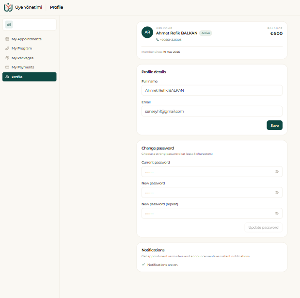 Member portal › Profile: personal details, change password and notification preference