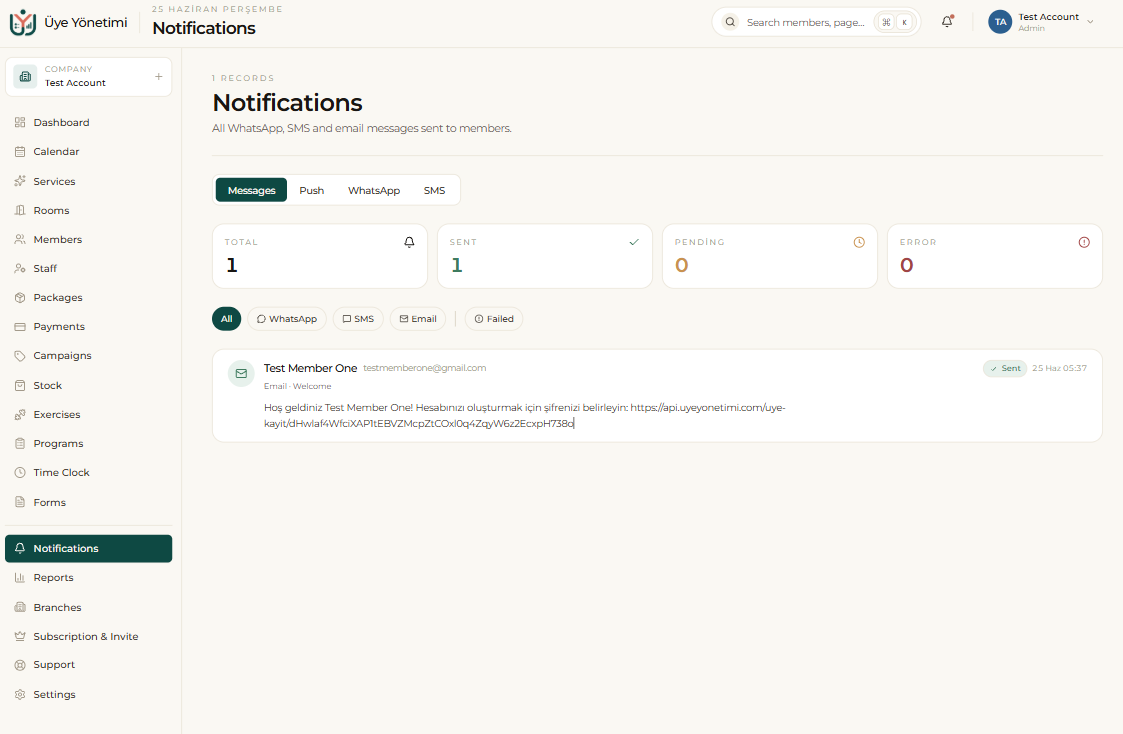 The Notifications page: Messages / Push / WhatsApp / SMS tabs with sent/pending/error totals