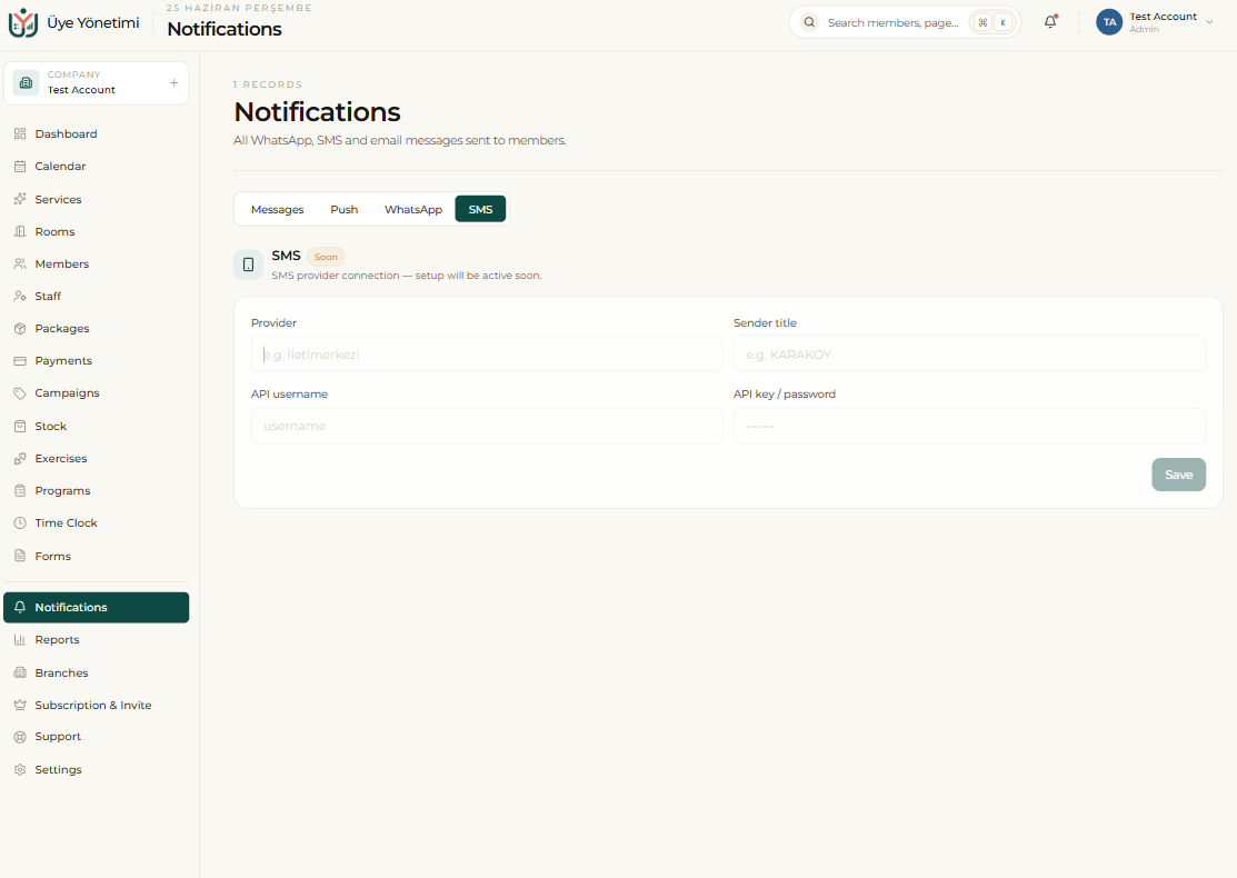 SMS tab: connect an SMS provider (provider, sender title, API credentials)