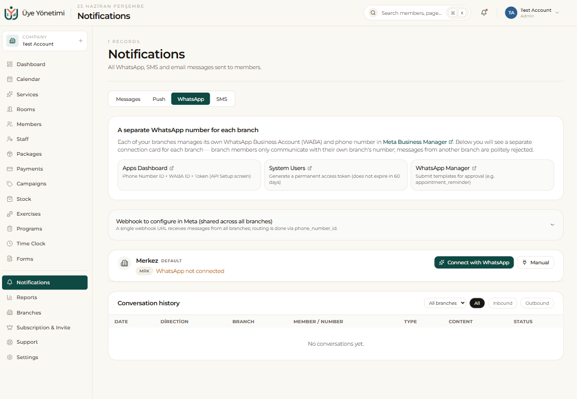 WhatsApp tab: a separate WhatsApp Business number and connection card per branch