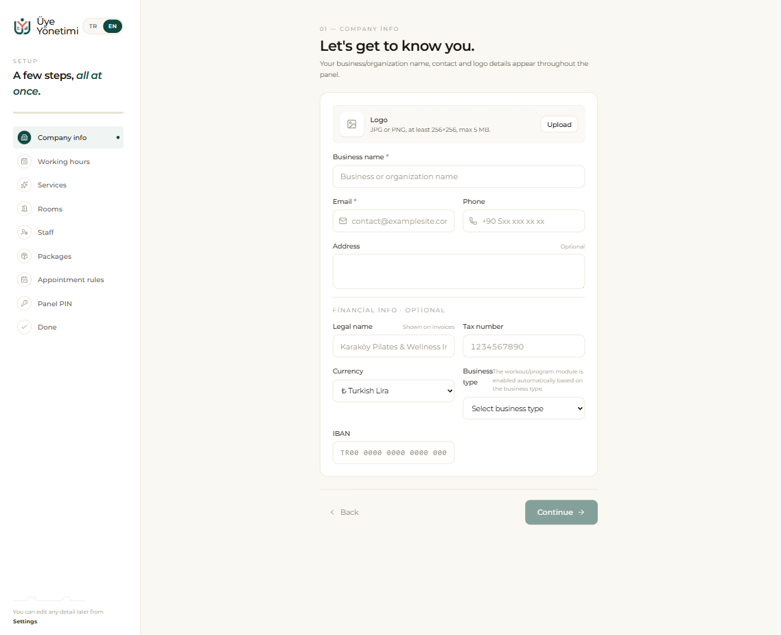 Setup wizard, step 1: business name, logo, contact and optional financial details