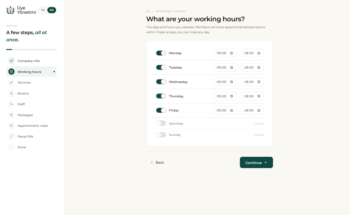 Setup wizard, step 2: weekly working hours, with the option to close any day