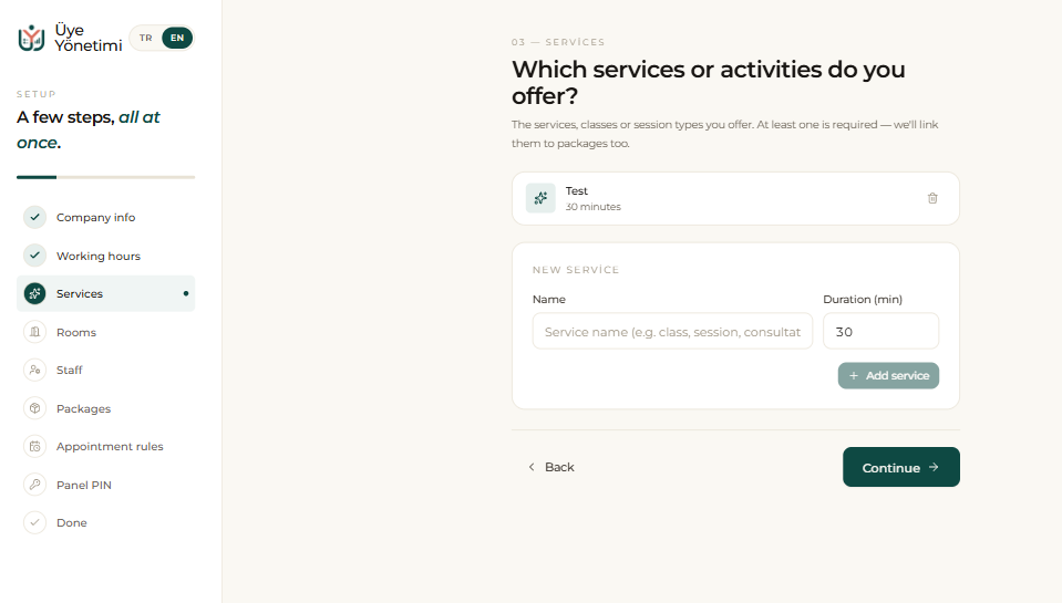 Setup wizard, step 3: add the services / activities you offer (see the “Services” page for details)