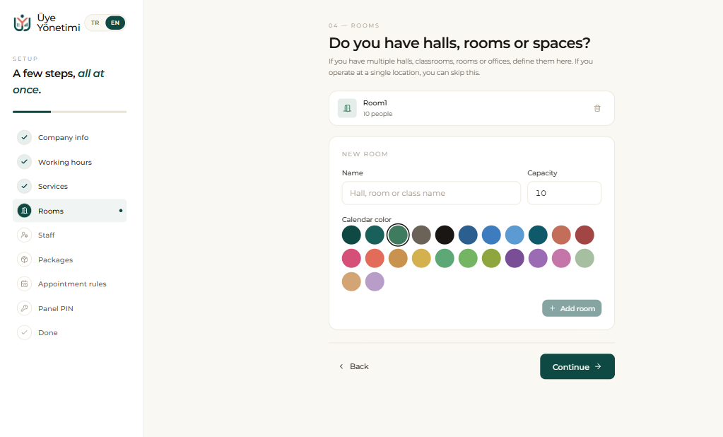 Setup wizard, step 4: define your halls, rooms or spaces with a capacity (see the “Rooms” page for details)