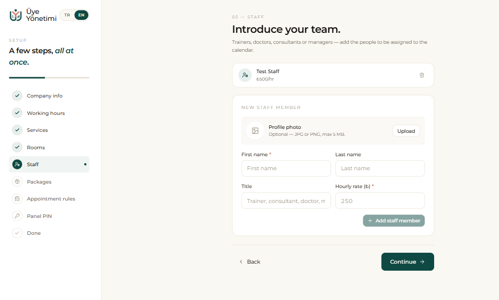 Setup wizard, step 5: introduce your team and set each person’s hourly rate (see “Staff & earnings” for details)