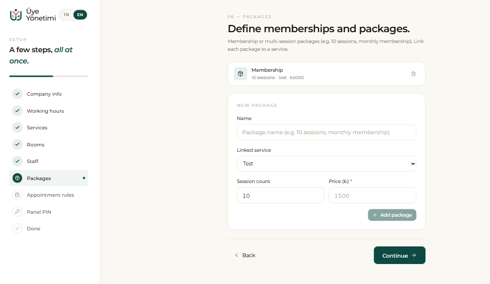 Setup wizard, step 6: define memberships and packages, linked to a service