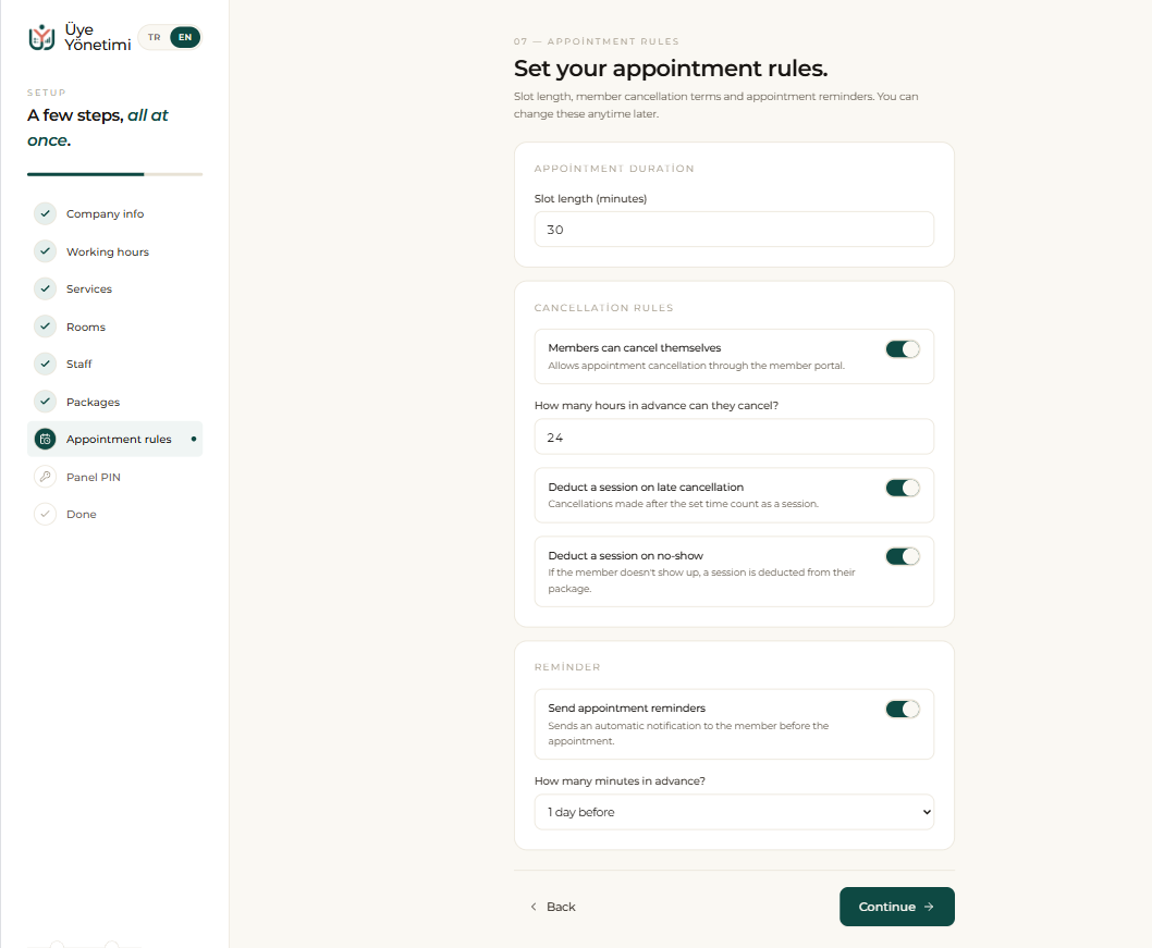 Setup wizard, step 7: appointment slot length, cancellation rules and reminders