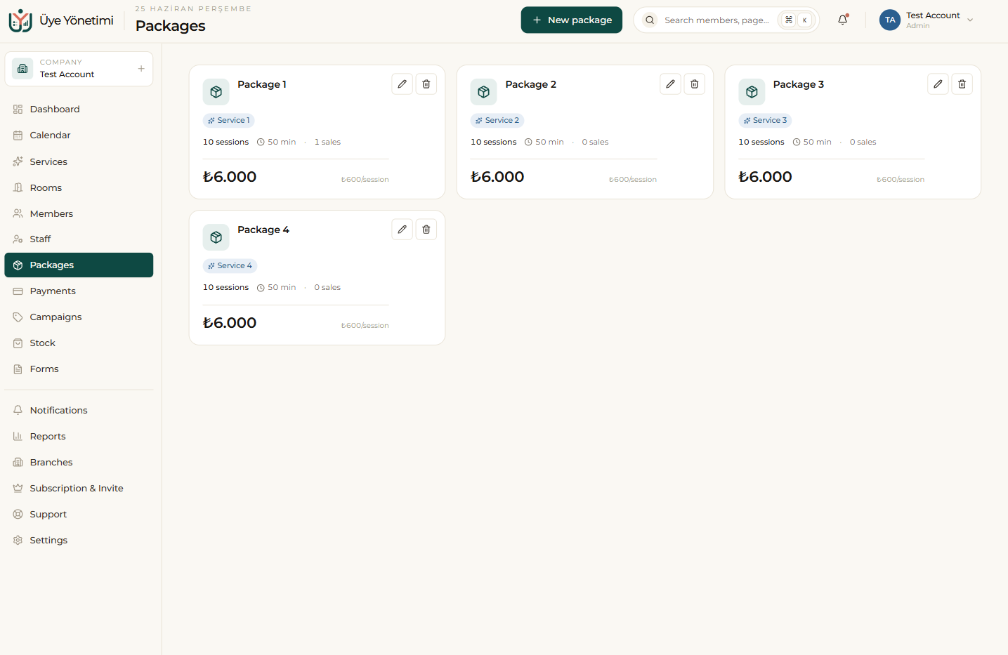 The Packages page: each package as a card with sessions, duration, price and sales count