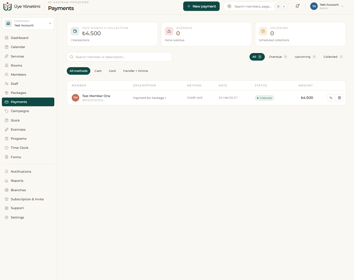 The Payments page: this month’s collection, overdue/upcoming and a transaction list