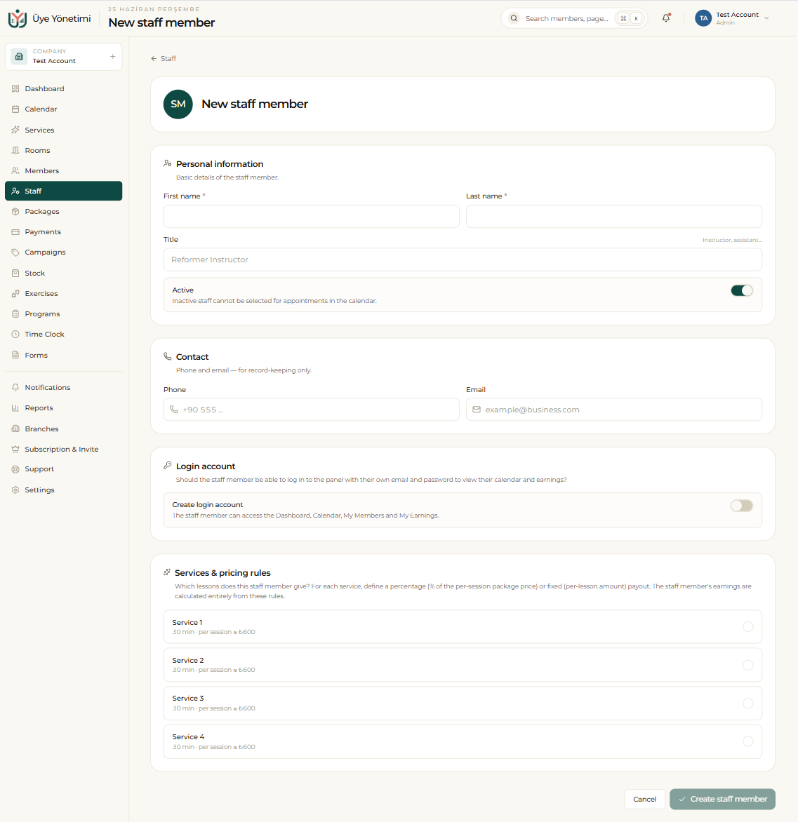 “New staff member”: personal info, login account and per-service pricing rules