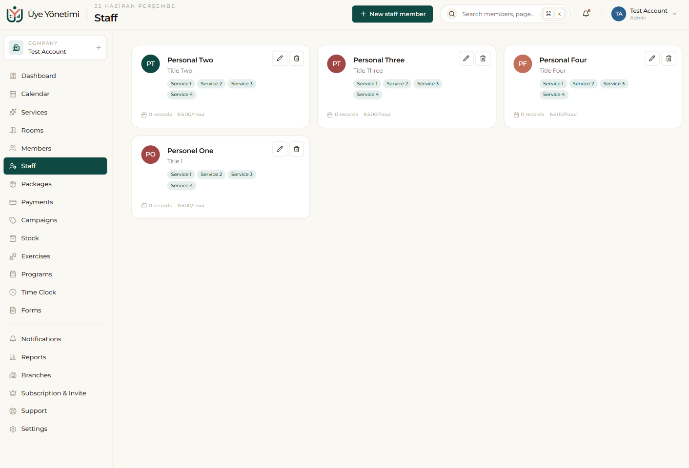 The Staff page: staff cards with title, assigned services and hourly rate