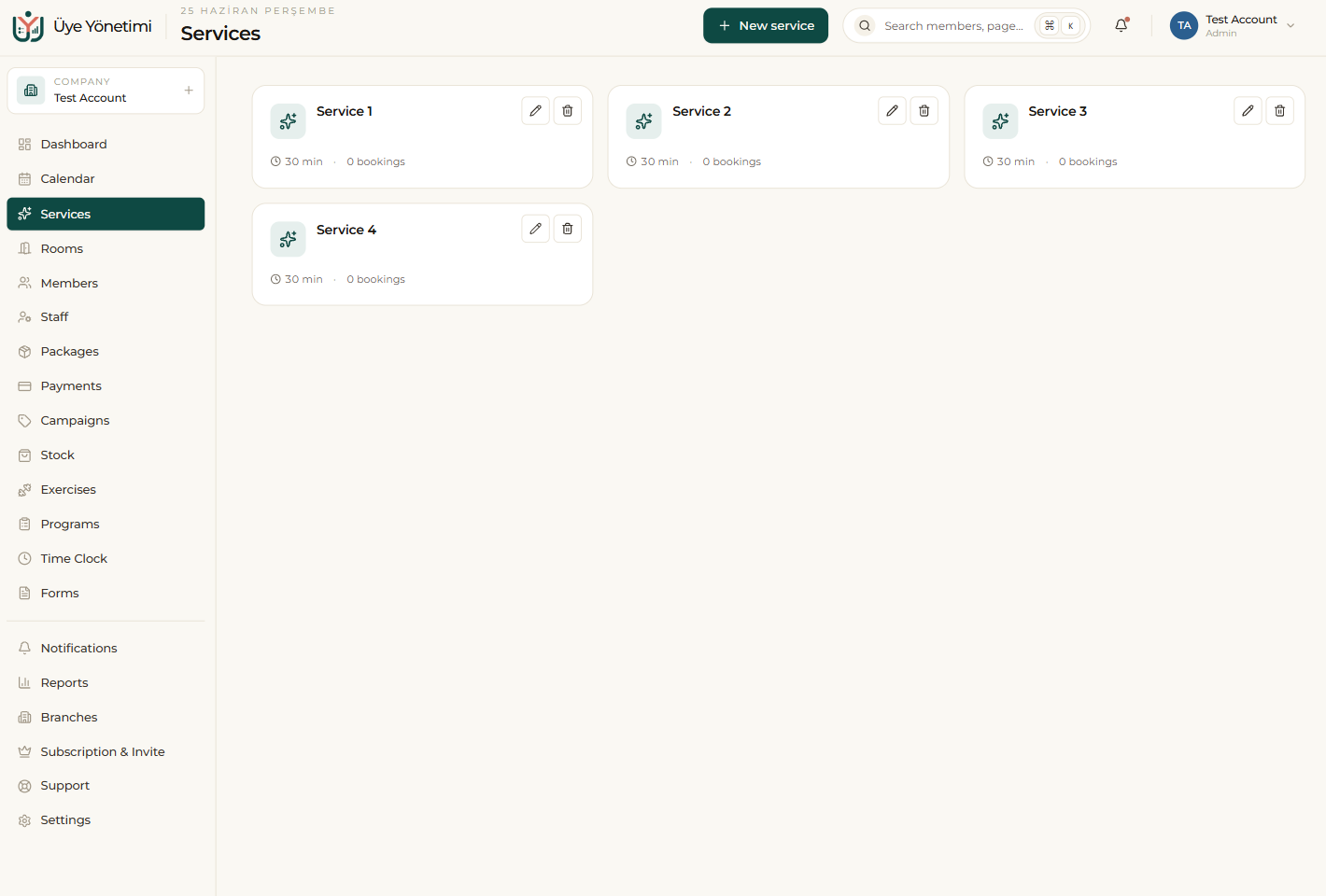 The Services page: each service as a card with its duration and booking count