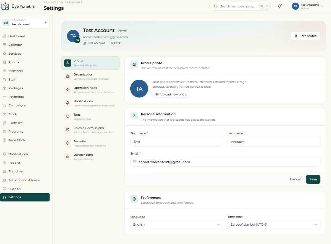 Settings › Profile: personal info, photo and Preferences (language, time zone)
