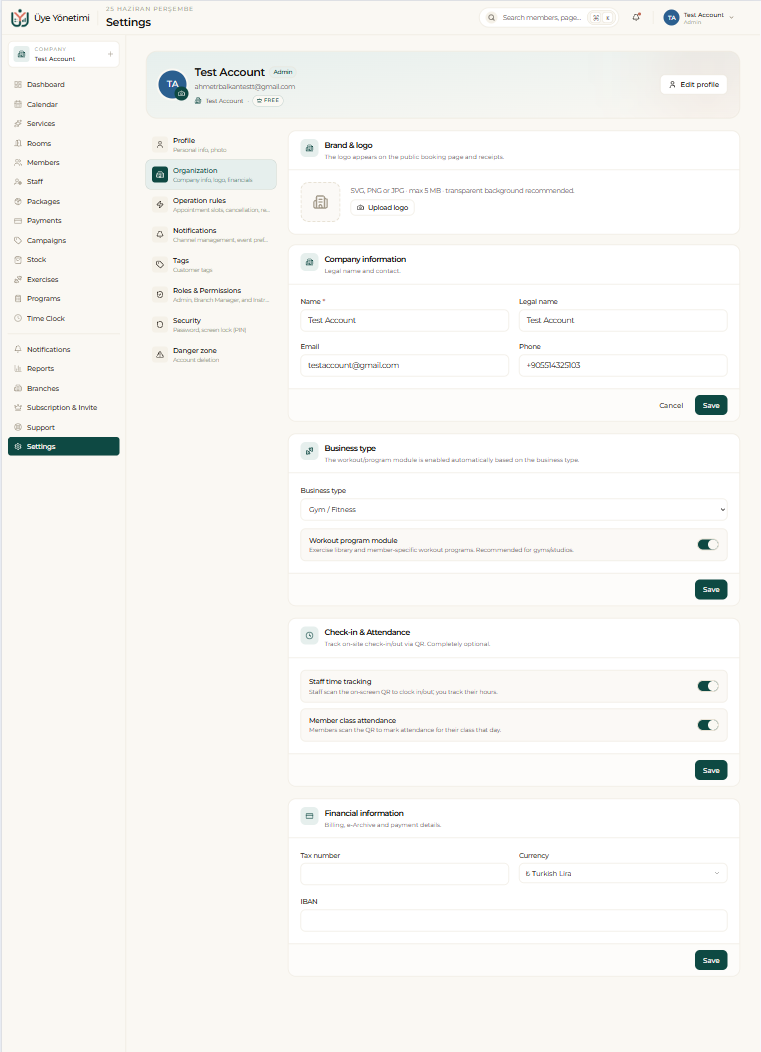 Settings › Organization: brand/logo, company info, business type and check-in options