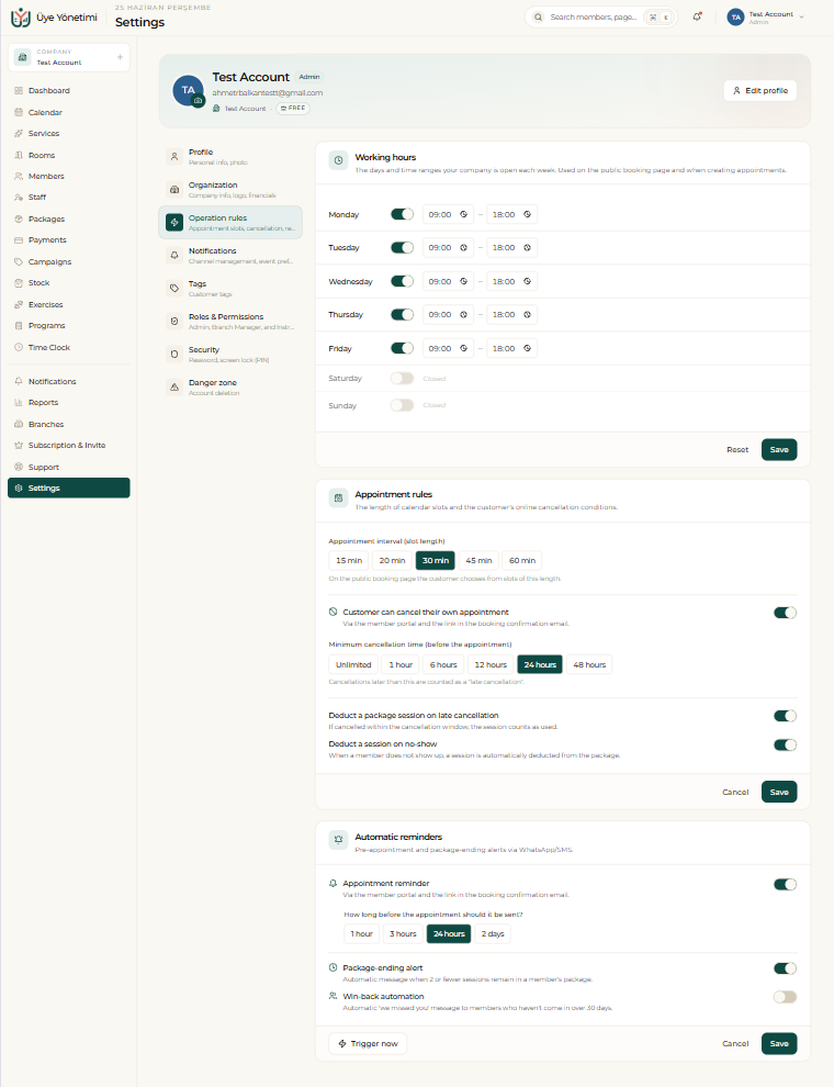 Settings › Operation rules: working hours, appointment slot length, cancellation terms and reminders