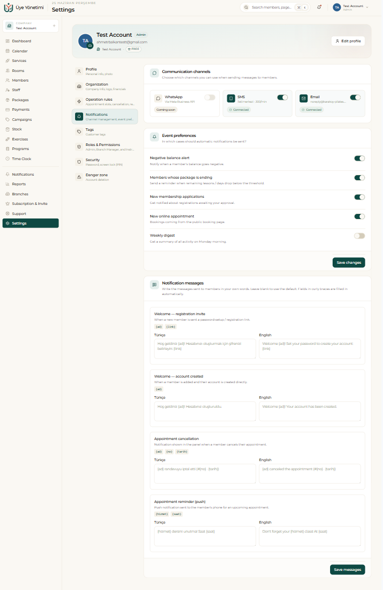 Settings › Notifications: communication channels, event preferences and editable message templates