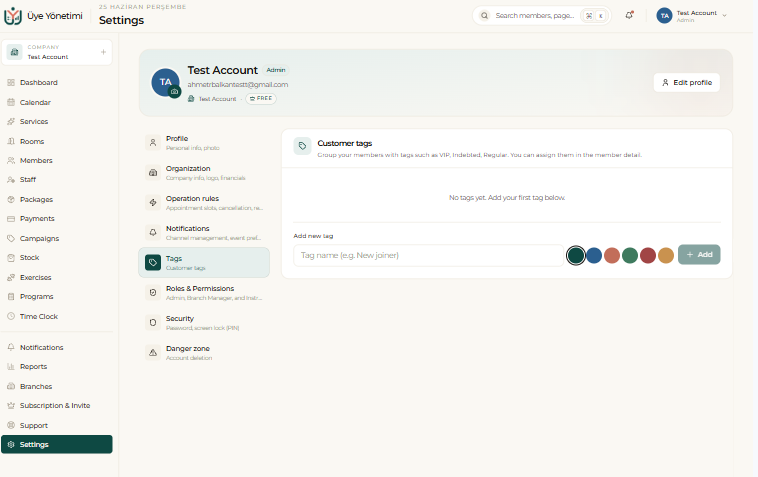 Settings › Tags: create and color-code customer tags (e.g. VIP, Indebted, Regular)