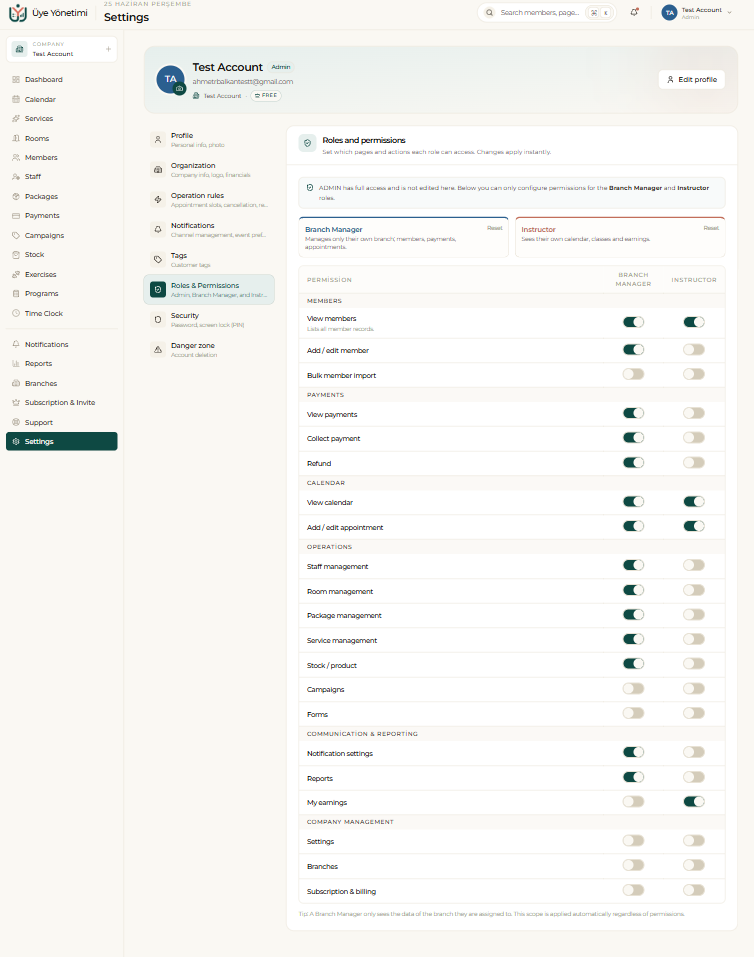 Settings › Roles & Permissions: the per-role permission matrix for Branch Manager and Instructor