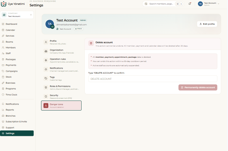 Settings › Danger zone: account deletion with a 30-day cooldown
