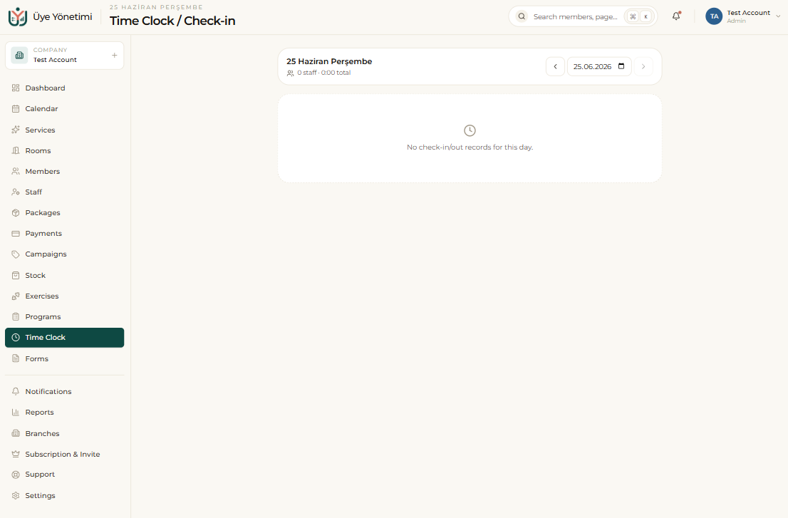 Time Clock / Check-in: daily check-in/out records per staff member
