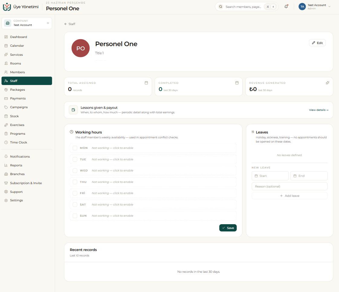 Staff detail: assigned/completed records, revenue generated, working hours and leave