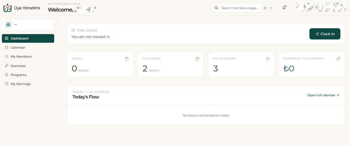 Staff portal › Dashboard: time clock (“Clock In”), today’s/weekly lessons, member count and this month’s earnings