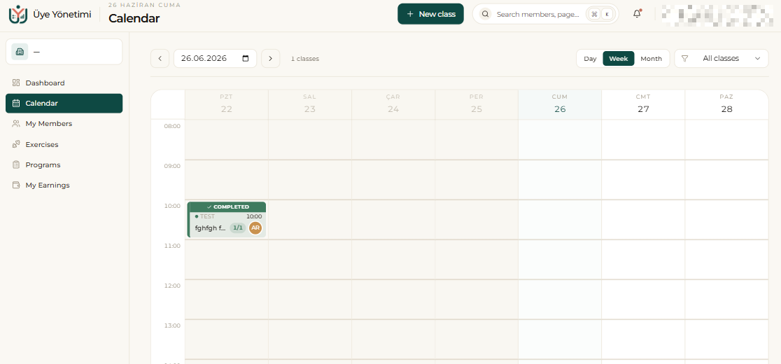 Staff portal › Calendar: the staff member’s own classes only; a finished class shows as “Completed”
